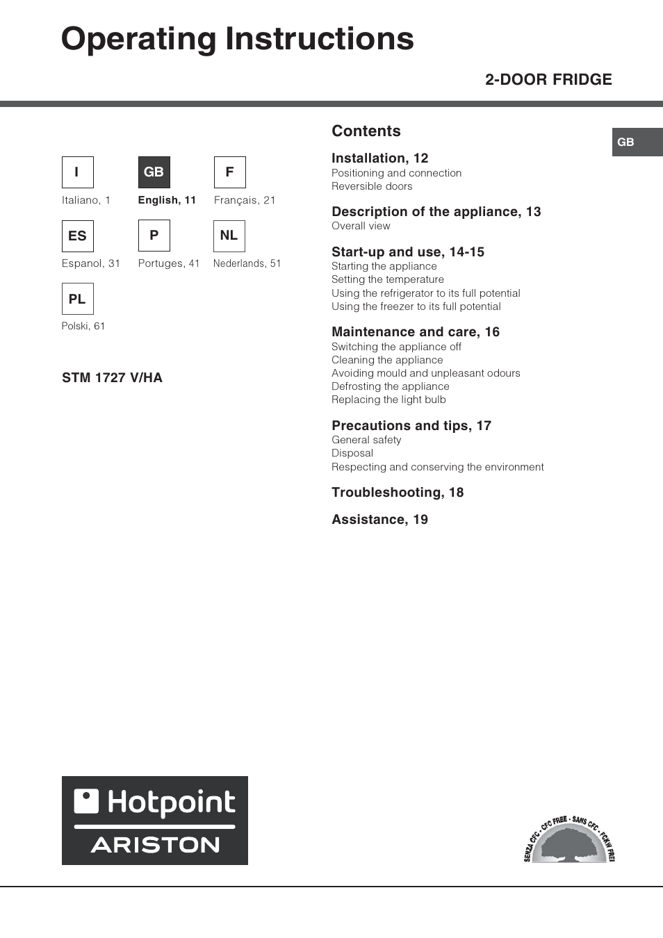 Operating instructions, Door fridge contents | Hotpoint Ariston Doppia Porta STM 1727 V/HA User Manual | Page 11 / 72