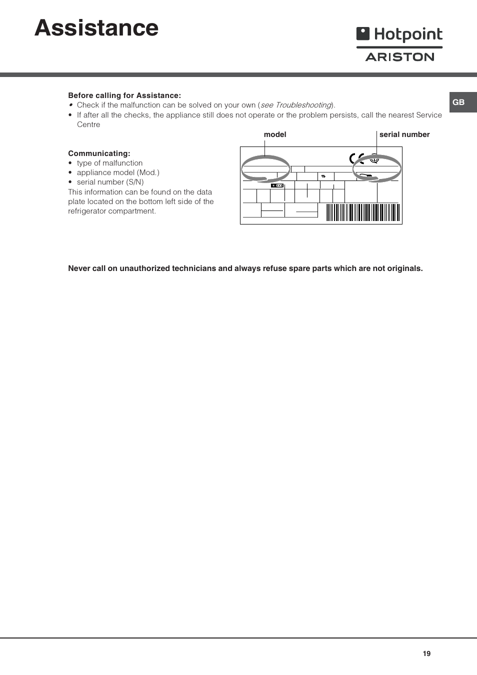 Assistance, Model serial number | Hotpoint Ariston Doppia Porta STM 1727 V/HA User Manual | Page 19 / 72