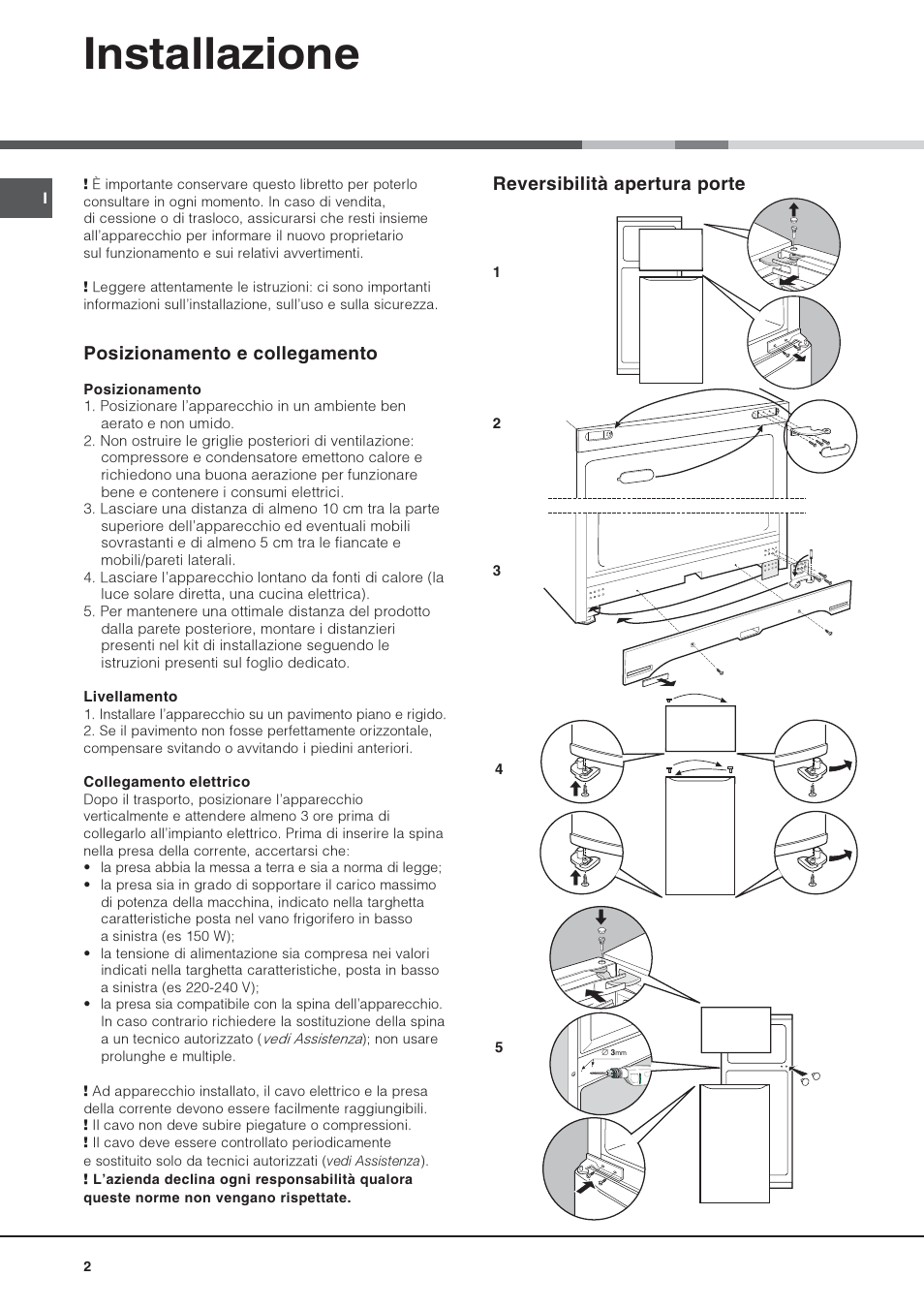Installazione, Reversibilità apertura porte, Posizionamento e collegamento | Hotpoint Ariston Doppia Porta STM 1727 V/HA User Manual | Page 2 / 72