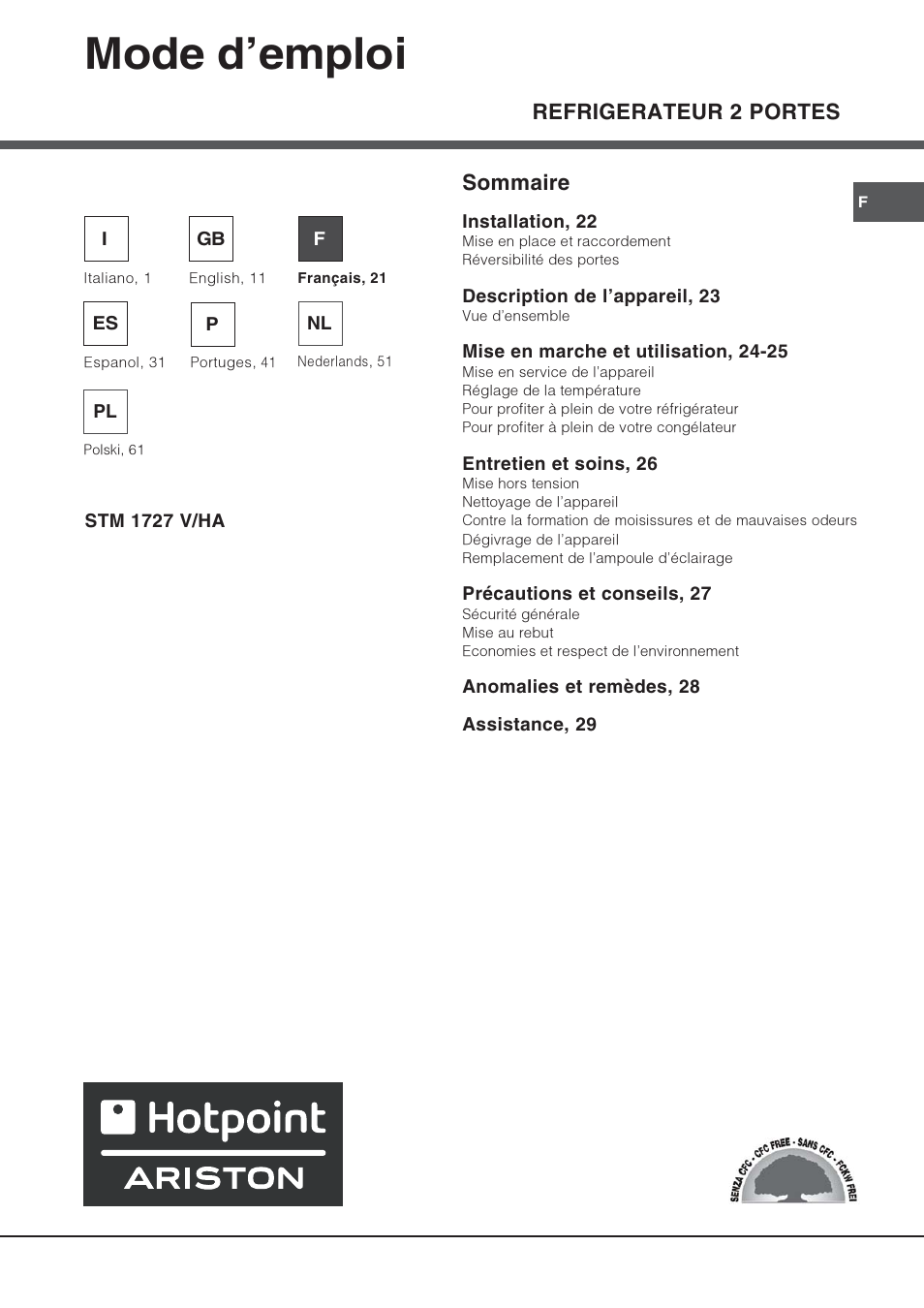Mode demploi, Refrigerateur 2 portes, Sommaire | Hotpoint Ariston Doppia Porta STM 1727 V/HA User Manual | Page 21 / 72