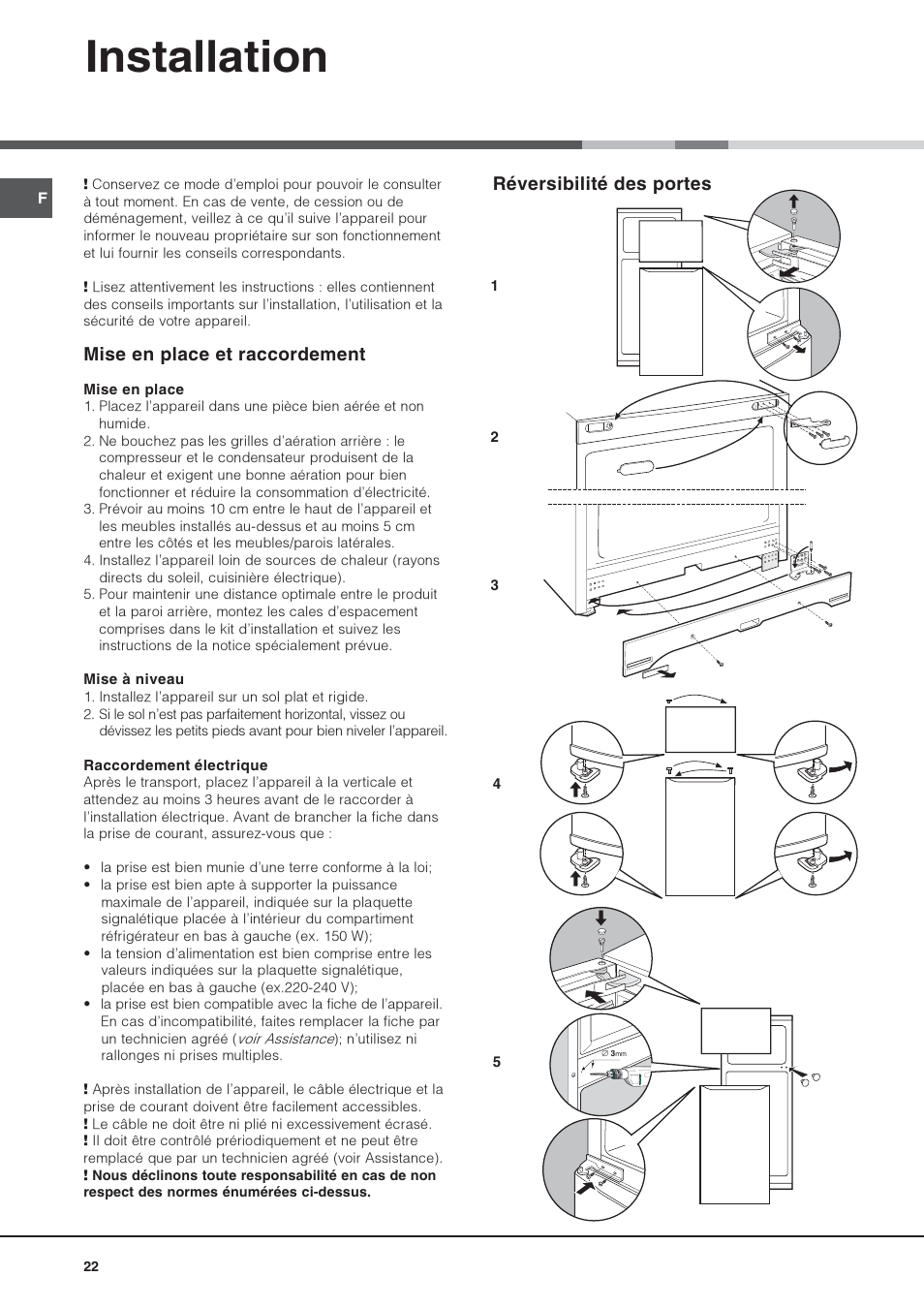 Installation, Mise en place et raccordement, Réversibilité des portes | Hotpoint Ariston Doppia Porta STM 1727 V/HA User Manual | Page 22 / 72