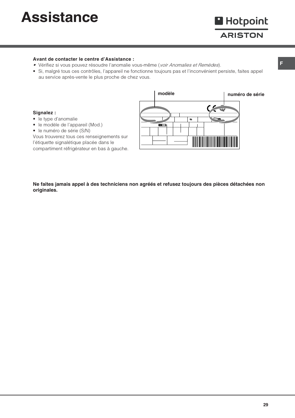 Assistance, Modèle numéro de série | Hotpoint Ariston Doppia Porta STM 1727 V/HA User Manual | Page 29 / 72
