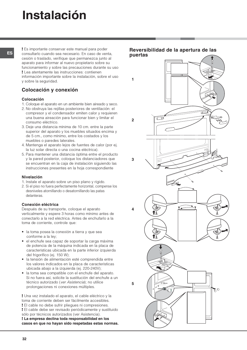 Instalación, Reversibilidad de la apertura de las puertas, Colocación y conexión | Hotpoint Ariston Doppia Porta STM 1727 V/HA User Manual | Page 32 / 72