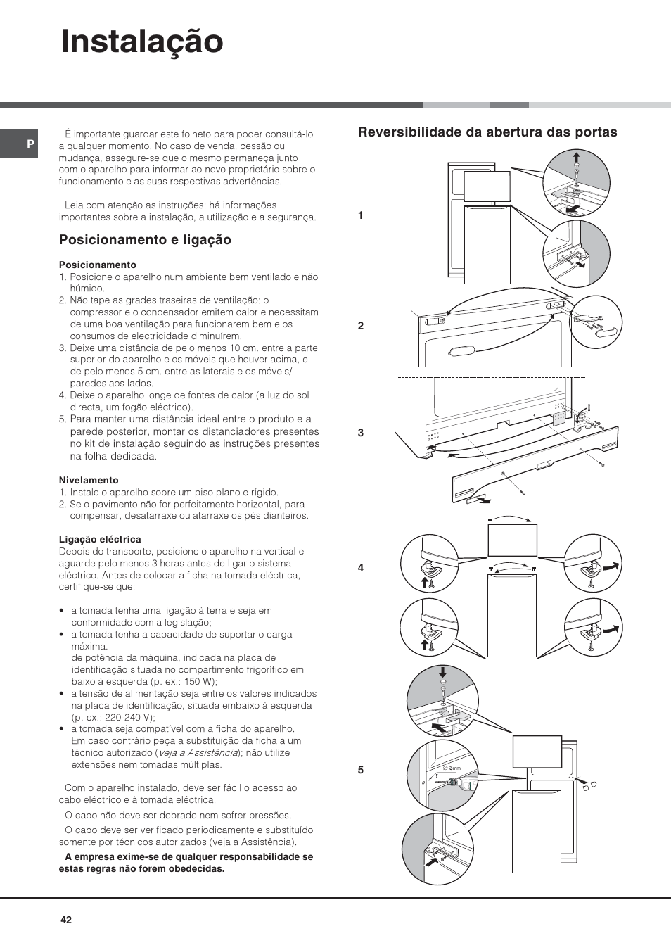 Instalação, Reversibilidade da abertura das portas, Posicionamento e ligação | Hotpoint Ariston Doppia Porta STM 1727 V/HA User Manual | Page 42 / 72