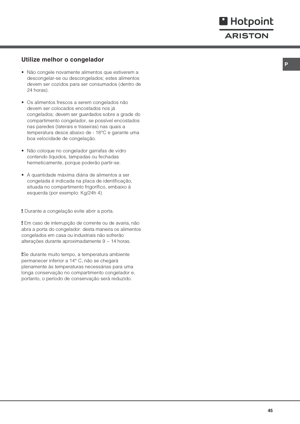 Utilize melhor o congelador | Hotpoint Ariston Doppia Porta STM 1727 V/HA User Manual | Page 45 / 72