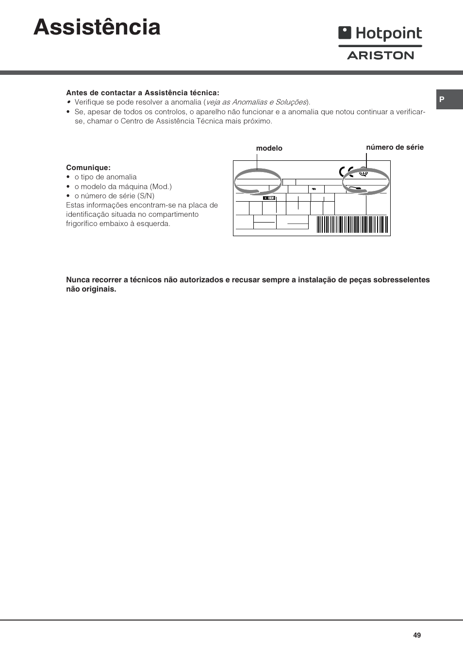 Assistência, Modelo número de série | Hotpoint Ariston Doppia Porta STM 1727 V/HA User Manual | Page 49 / 72