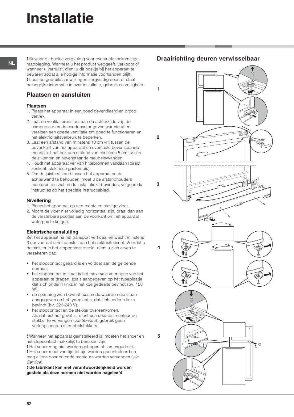 Installatie, Plaatsen en aansluiten, Draairichting deuren verwisselbaar | Hotpoint Ariston Doppia Porta STM 1727 V/HA User Manual | Page 52 / 72