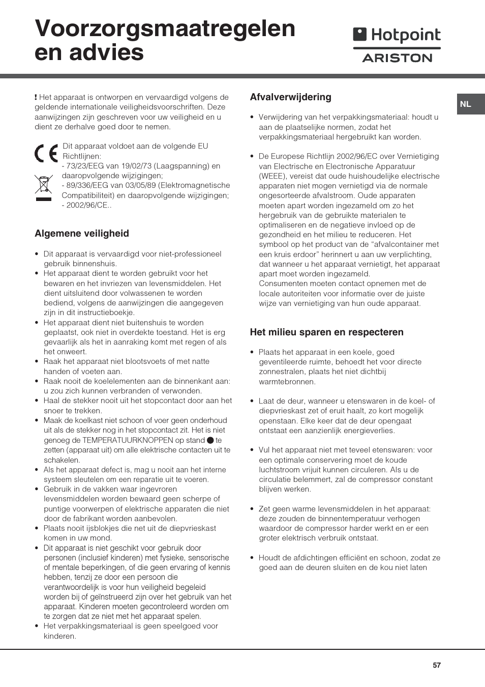 Voorzorgsmaatregelen en advies | Hotpoint Ariston Doppia Porta STM 1727 V/HA User Manual | Page 57 / 72