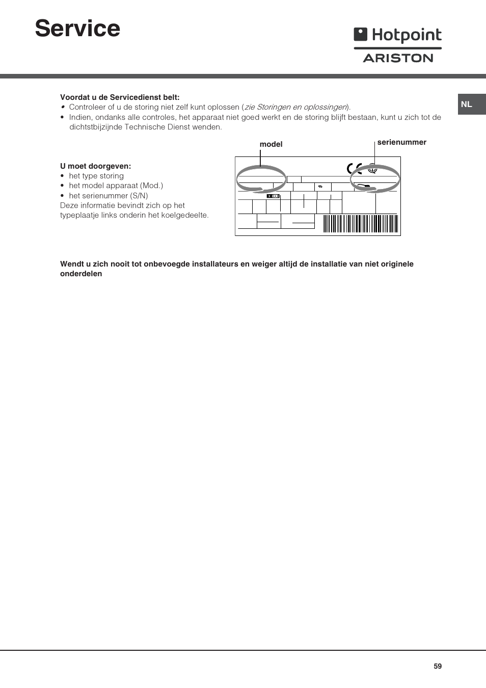 Service, Model serienummer | Hotpoint Ariston Doppia Porta STM 1727 V/HA User Manual | Page 59 / 72