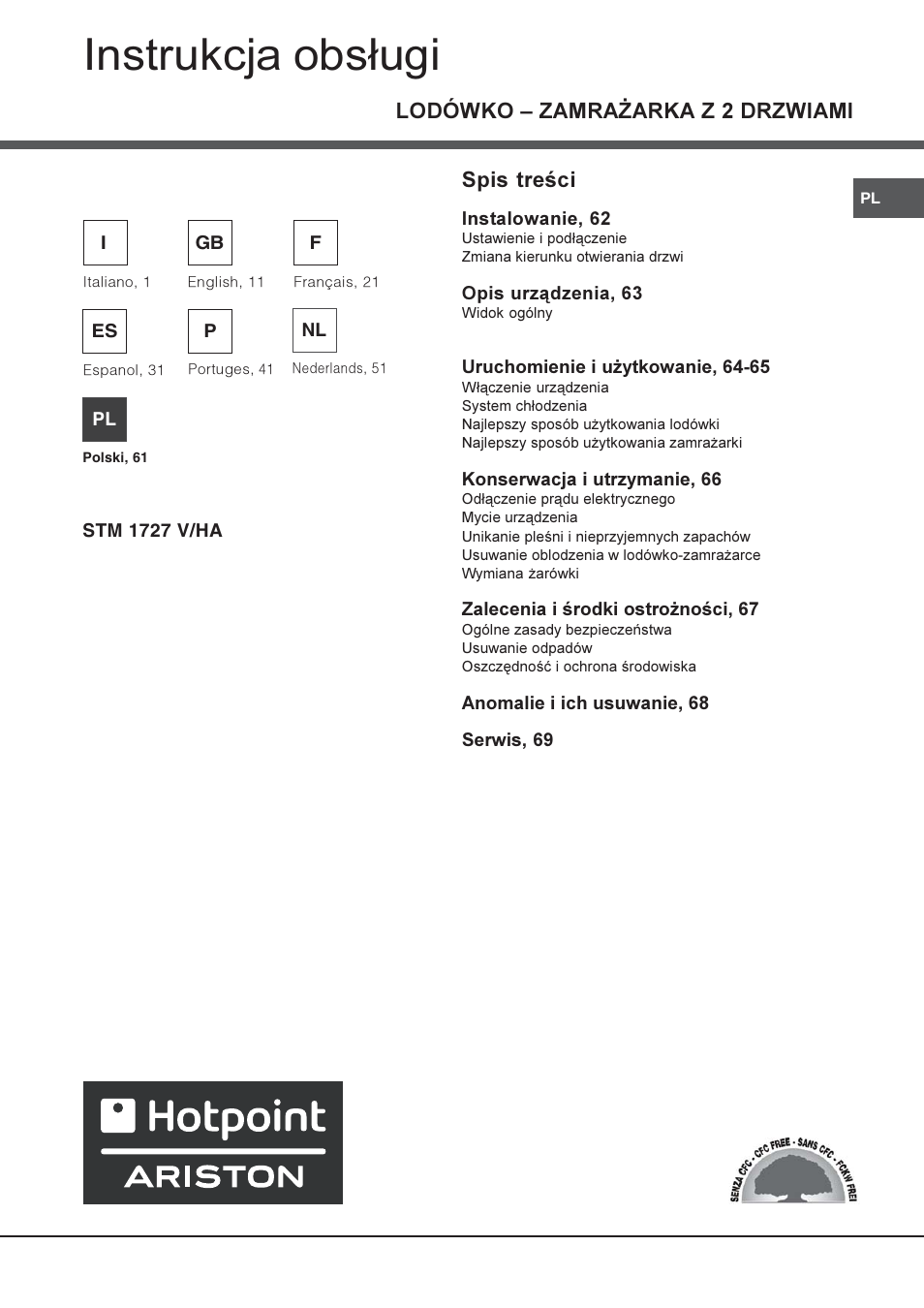 Instrukcja obs³ugi, Lodówko  zamra¯arka z 2 drzwiami, Spis treci | Hotpoint Ariston Doppia Porta STM 1727 V/HA User Manual | Page 61 / 72