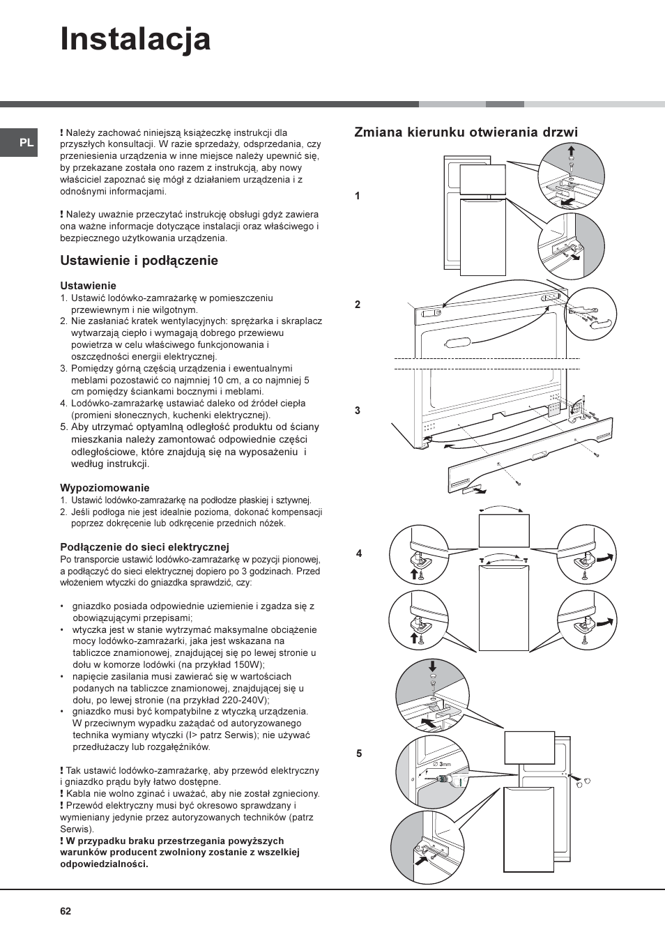 Instalacja, Zmiana kierunku otwierania drzwi, Ustawienie i pod³¹czenie | Hotpoint Ariston Doppia Porta STM 1727 V/HA User Manual | Page 62 / 72