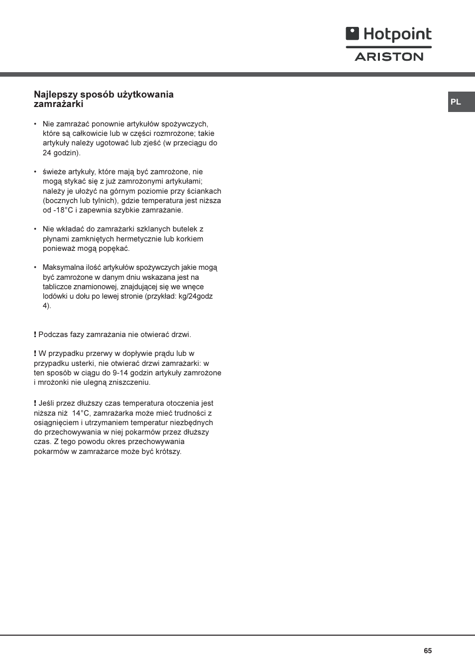Najlepszy sposób u¿ytkowania zamra¿arki | Hotpoint Ariston Doppia Porta STM 1727 V/HA User Manual | Page 65 / 72
