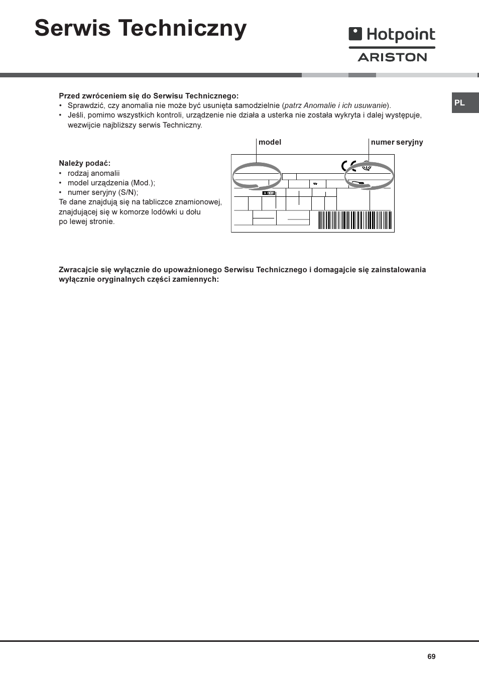 Serwis techniczny, Model numer seryjny | Hotpoint Ariston Doppia Porta STM 1727 V/HA User Manual | Page 69 / 72