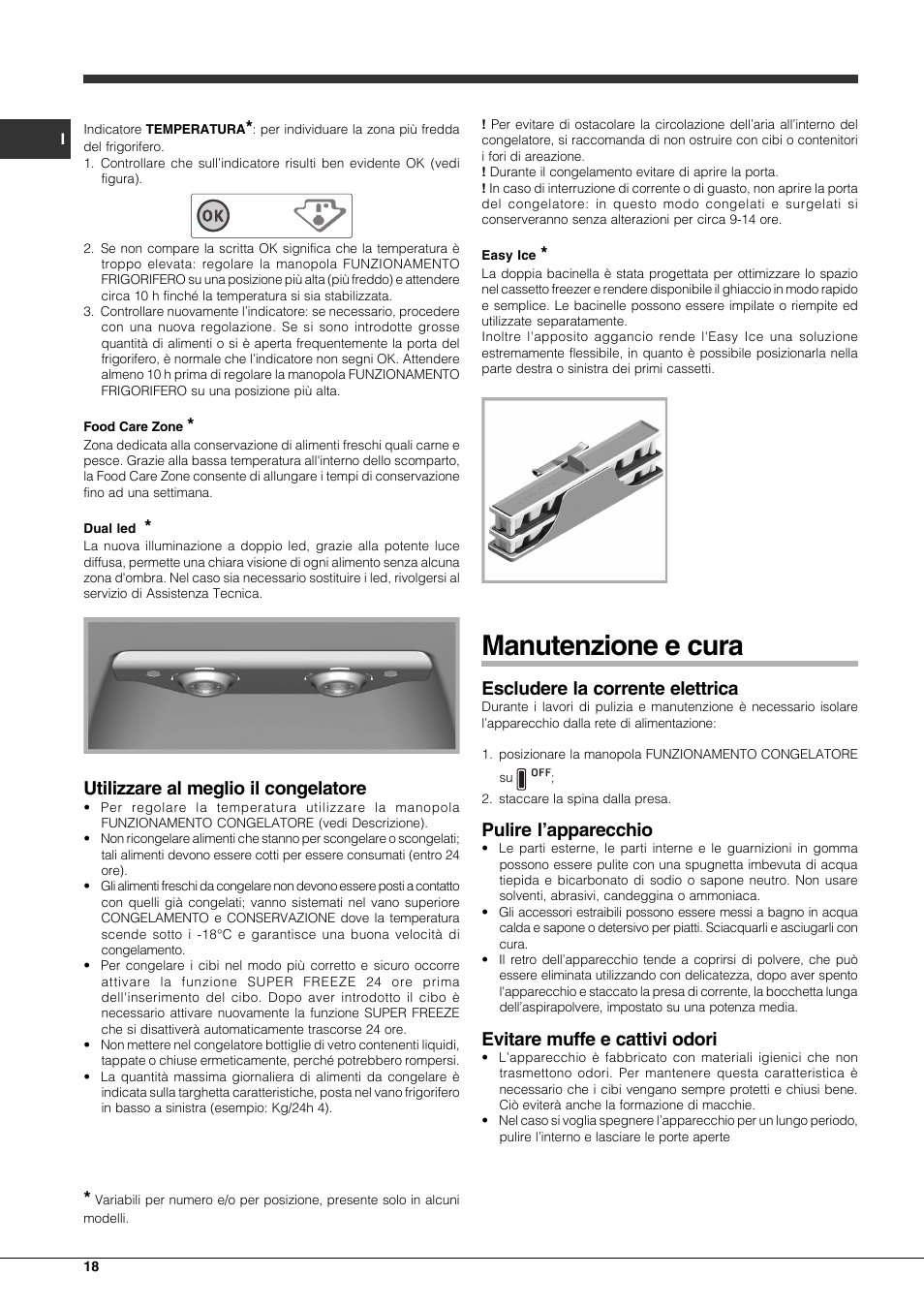 Manutenzione e cura, Utilizzare al meglio il congelatore, Escludere la corrente elettrica | Pulire l’apparecchio, Evitare muffe e cattivi odori | Hotpoint Ariston Combinato EBLH 18221 F User Manual | Page 18 / 52