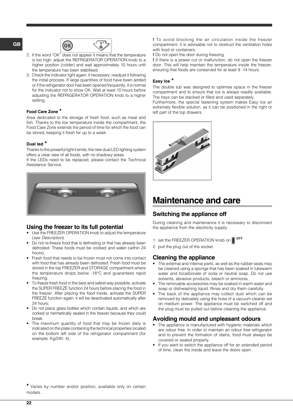Maintenance and care, Using the freezer to its full potential, Switching the appliance off | Cleaning the appliance, Avoiding mould and unpleasant odours | Hotpoint Ariston Combinato EBLH 18221 F User Manual | Page 22 / 52