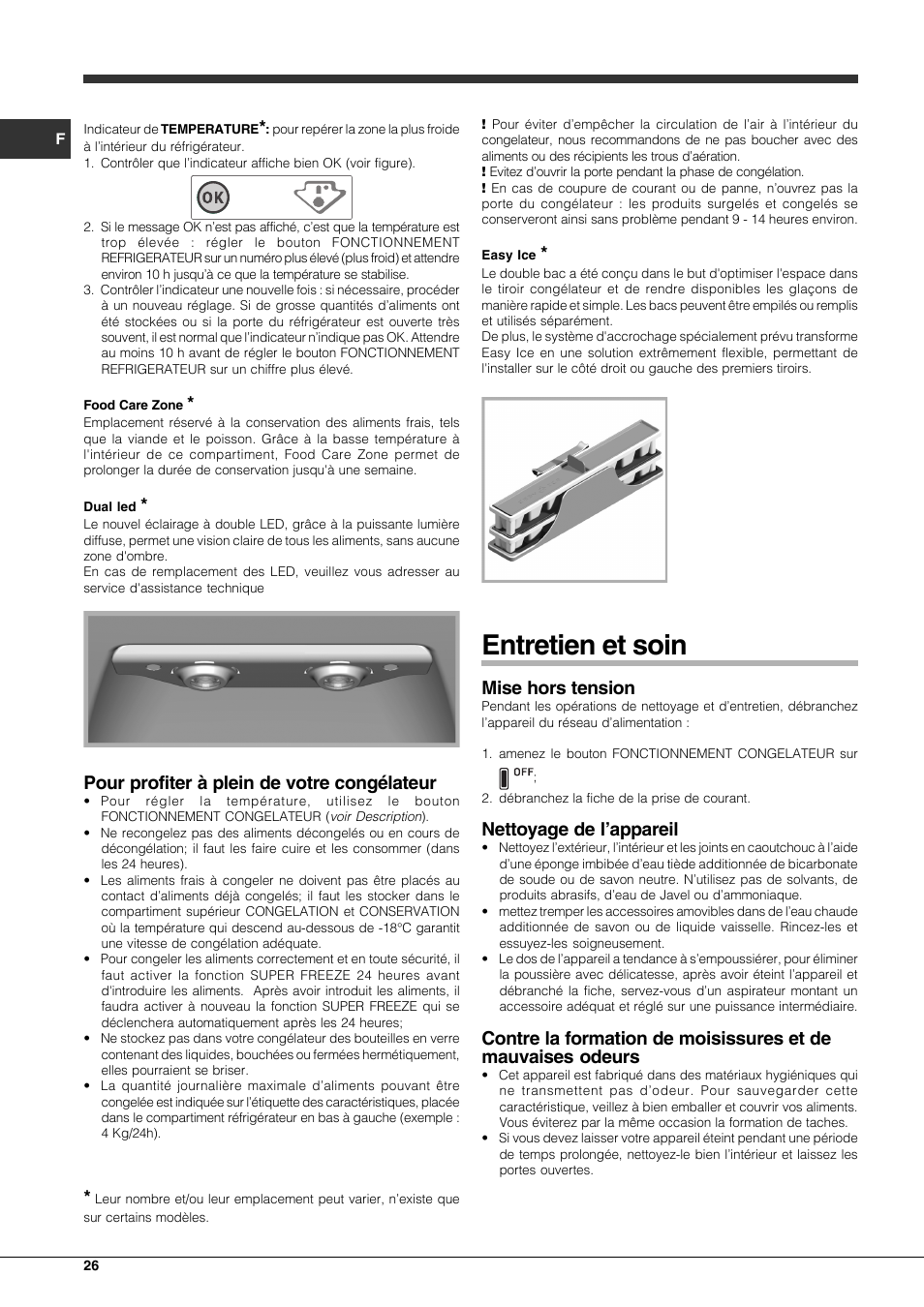 Entretien et soin, Pour profiter à plein de votre congélateur, Mise hors tension | Nettoyage de l’appareil | Hotpoint Ariston Combinato EBLH 18221 F User Manual | Page 26 / 52