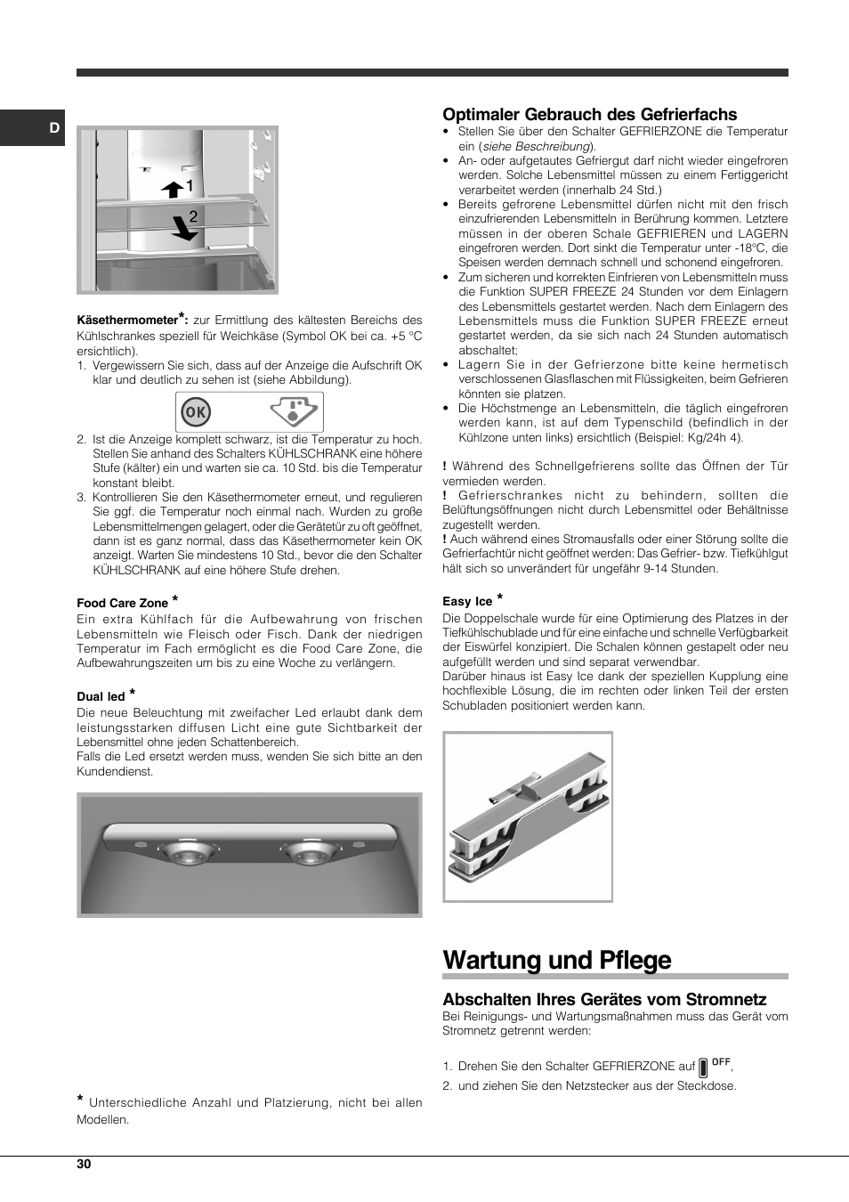 Wartung und pflege, Optimaler gebrauch des gefrierfachs, Abschalten ihres gerätes vom stromnetz | Hotpoint Ariston Combinato EBLH 18221 F User Manual | Page 30 / 52