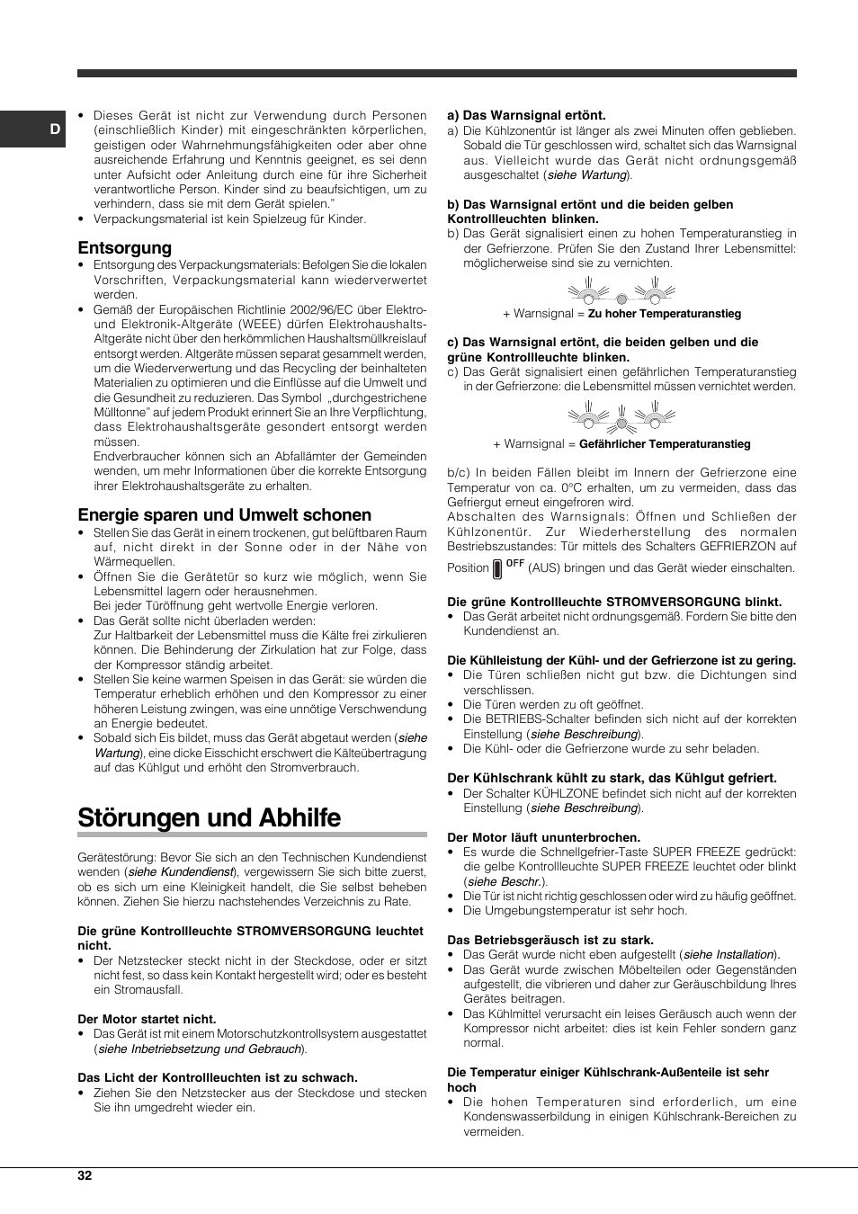Störungen und abhilfe, Entsorgung, Energie sparen und umwelt schonen | Hotpoint Ariston Combinato EBLH 18221 F User Manual | Page 32 / 52