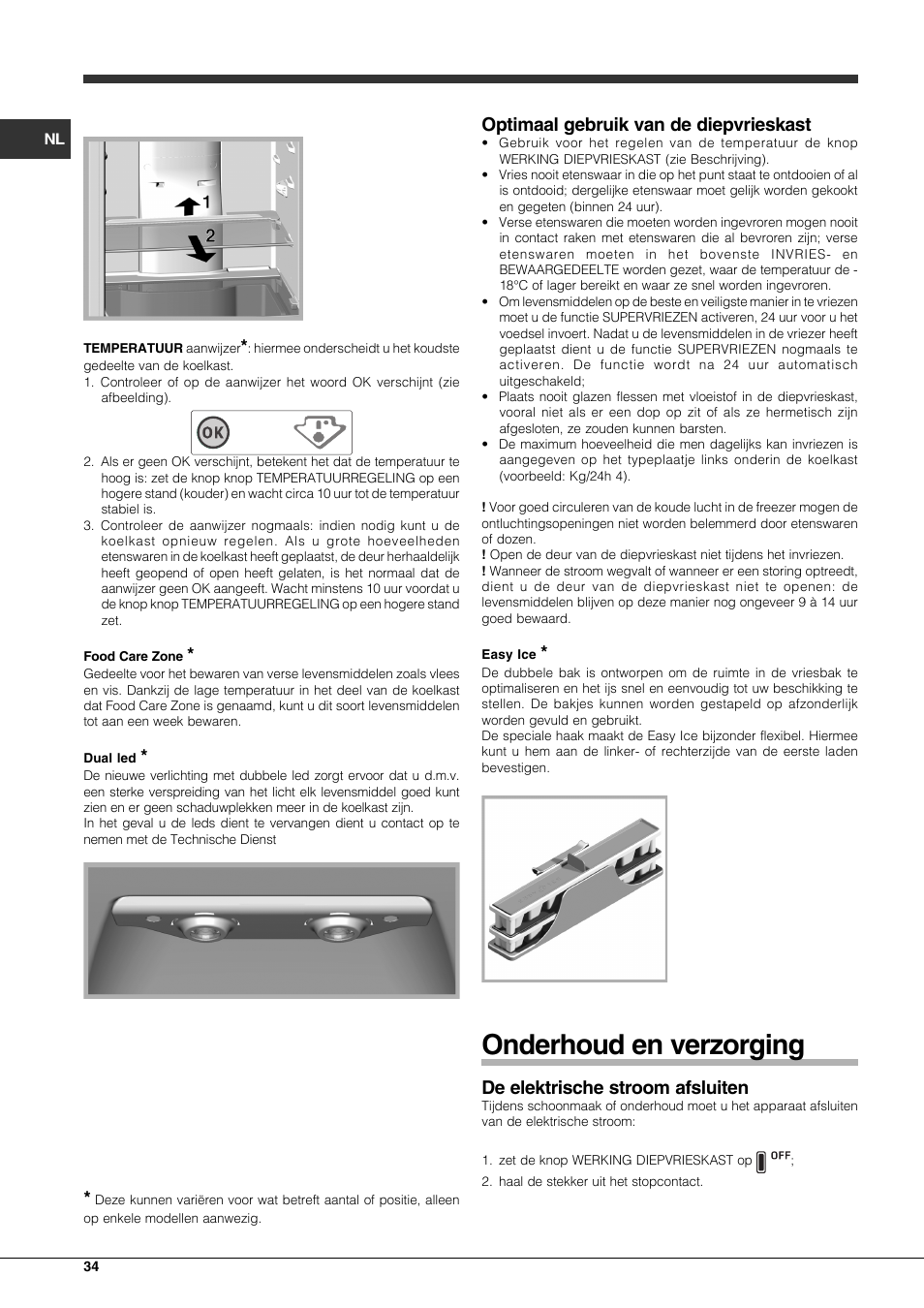 Onderhoud en verzorging, Optimaal gebruik van de diepvrieskast, De elektrische stroom afsluiten | Hotpoint Ariston Combinato EBLH 18221 F User Manual | Page 34 / 52