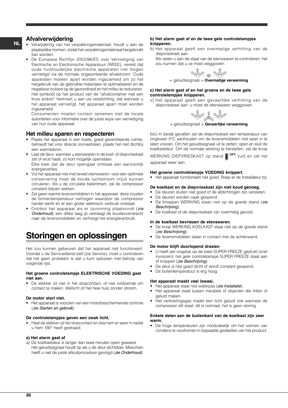 Storingen en oplossingen, Afvalverwijdering, Het milieu sparen en respecteren | Hotpoint Ariston Combinato EBLH 18221 F User Manual | Page 36 / 52