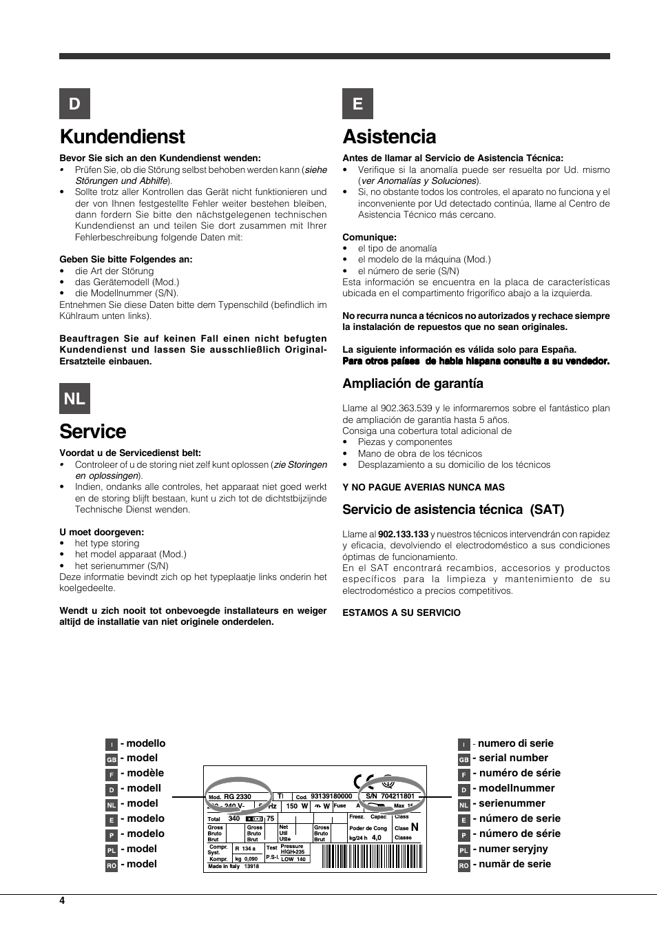 Kundendienst, Service, Asistencia | Ampliación de garantía, Servicio de asistencia técnica (sat) | Hotpoint Ariston Combinato EBLH 18221 F User Manual | Page 4 / 52