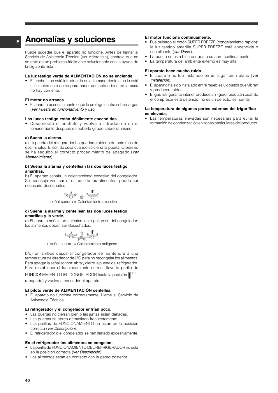 Anomalías y soluciones | Hotpoint Ariston Combinato EBLH 18221 F User Manual | Page 40 / 52