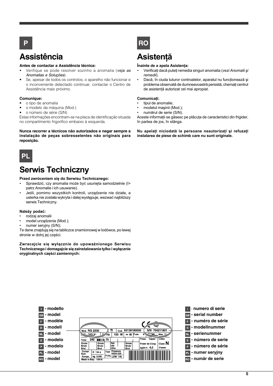 Assistência | Hotpoint Ariston Combinato EBLH 18221 F User Manual | Page 5 / 52