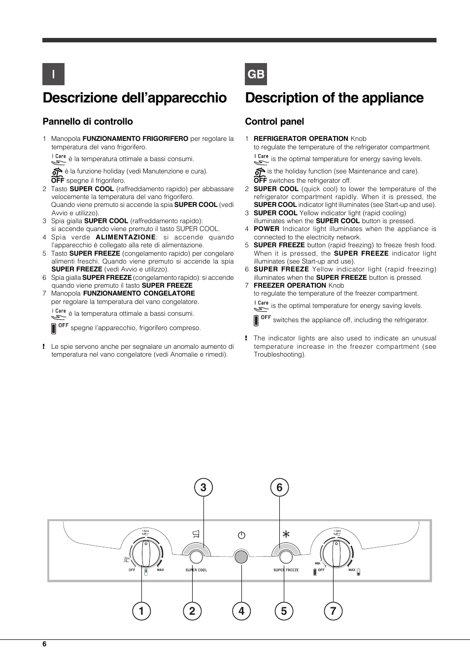 Descrizione dell’apparecchio, Description of the appliance, Pannello di controllo | Control panel | Hotpoint Ariston Combinato EBLH 18221 F User Manual | Page 6 / 52