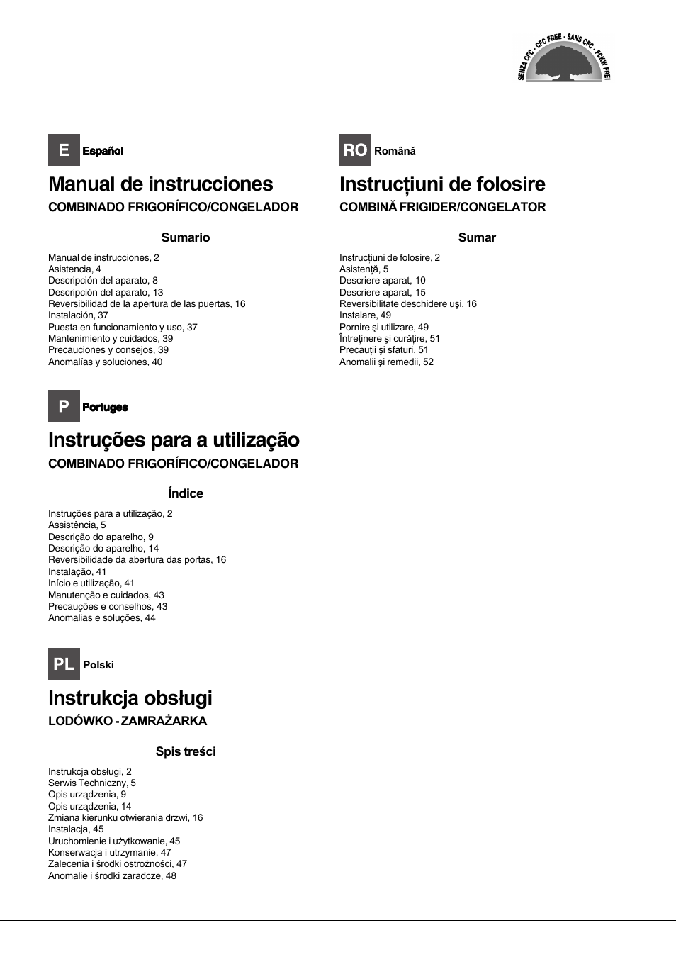Manual de instrucciones, Instruções para a utilização | Hotpoint Ariston Combinato EBQH 20223 F User Manual | Page 2 / 52