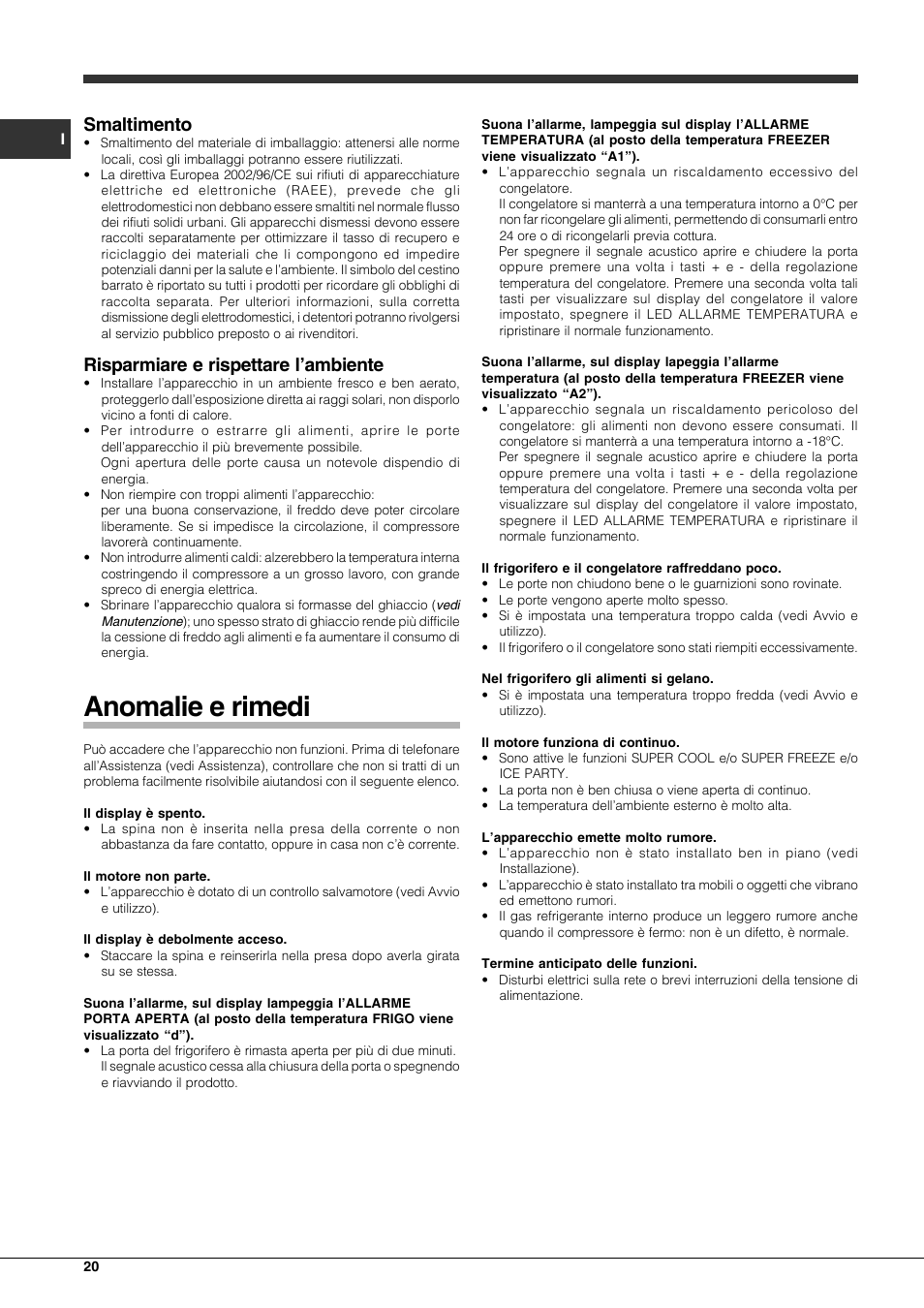 Anomalie e rimedi, Smaltimento, Risparmiare e rispettare l’ambiente | Hotpoint Ariston Combinato EBQH 20223 F User Manual | Page 20 / 52