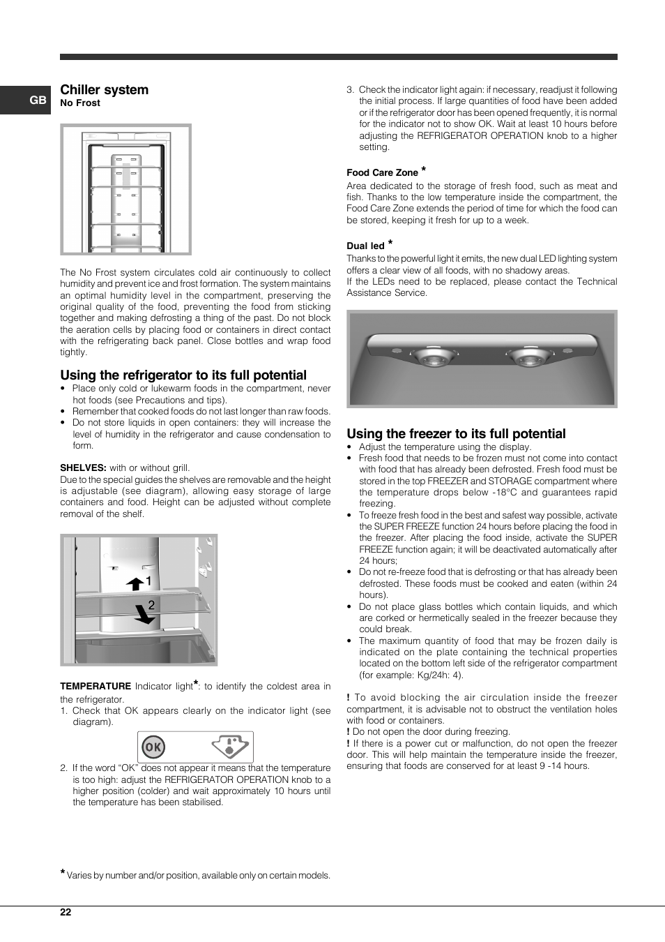Chiller system, Using the refrigerator to its full potential, Using the freezer to its full potential | Hotpoint Ariston Combinato EBQH 20223 F User Manual | Page 22 / 52