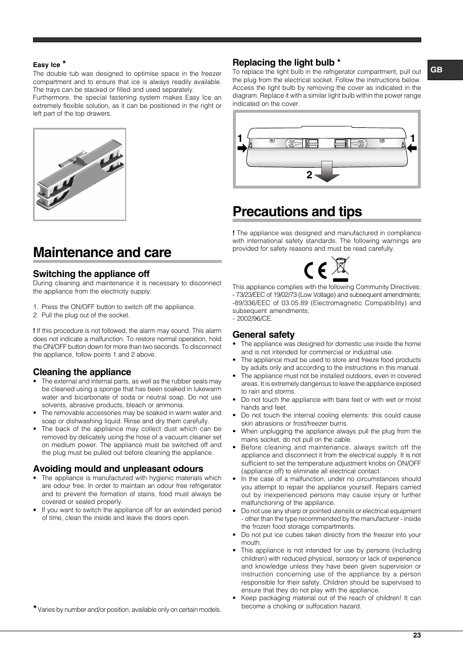 Maintenance and care, Precautions and tips, Switching the appliance off | Cleaning the appliance, Avoiding mould and unpleasant odours, Replacing the light bulb, General safety | Hotpoint Ariston Combinato EBQH 20223 F User Manual | Page 23 / 52