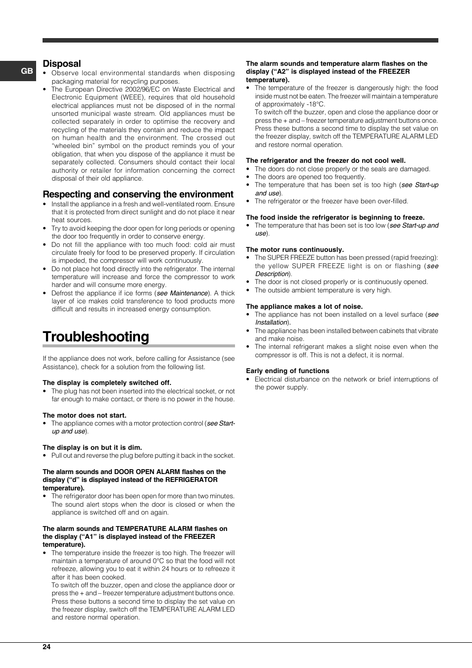 Troubleshooting, Disposal, Respecting and conserving the environment | Hotpoint Ariston Combinato EBQH 20223 F User Manual | Page 24 / 52