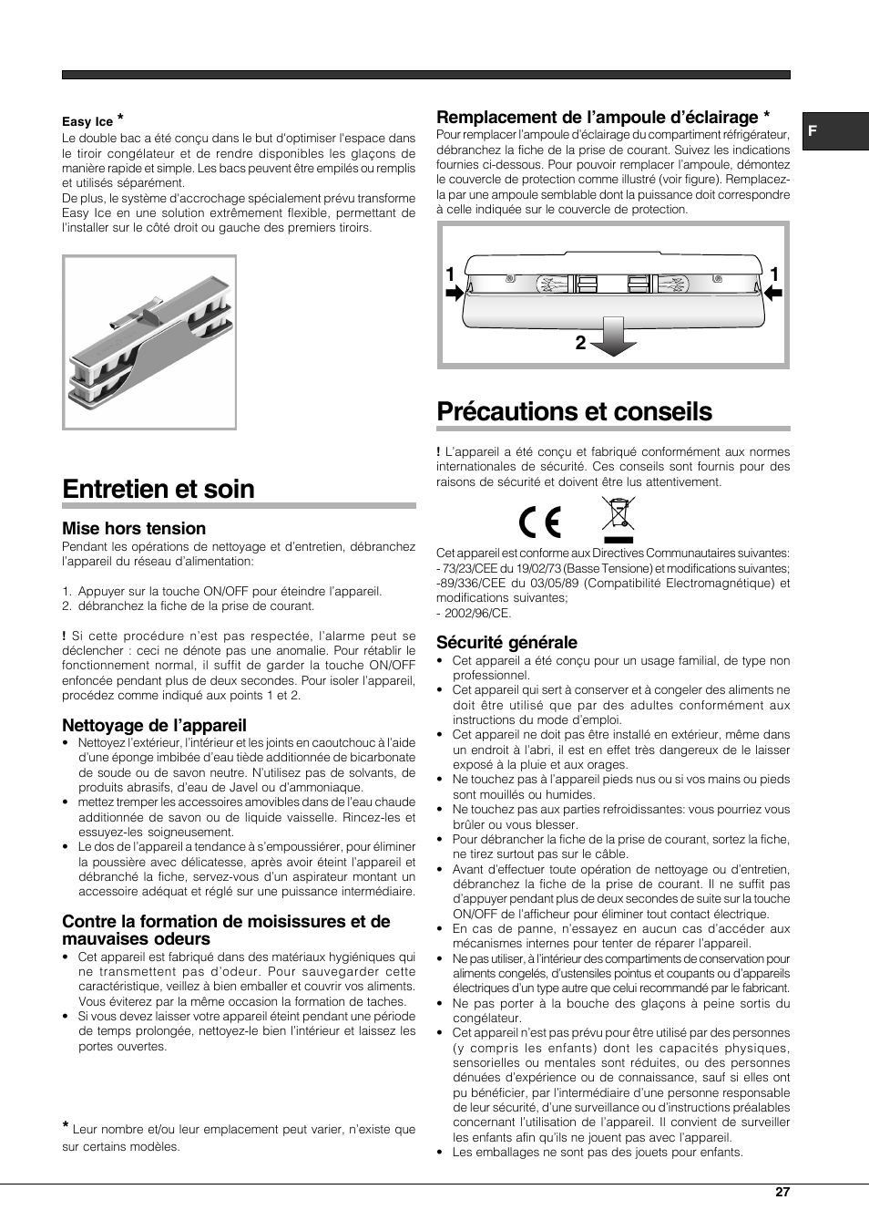 Entretien et soin, Précautions et conseils, Mise hors tension | Nettoyage de l’appareil, Remplacement de l’ampoule d’éclairage, Sécurité générale | Hotpoint Ariston Combinato EBQH 20223 F User Manual | Page 27 / 52