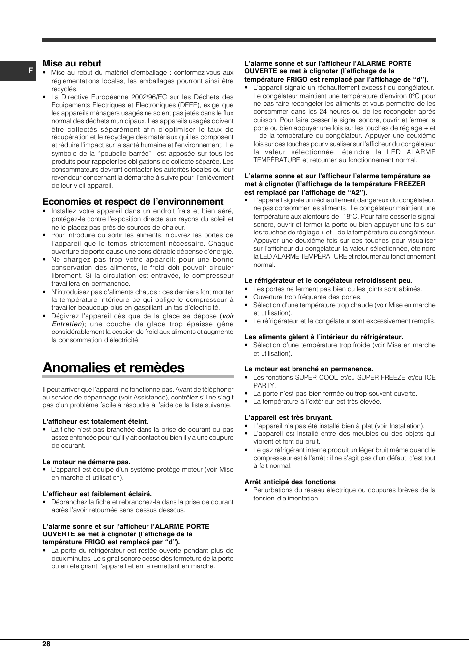 Anomalies et remèdes, Mise au rebut, Economies et respect de l’environnement | Hotpoint Ariston Combinato EBQH 20223 F User Manual | Page 28 / 52