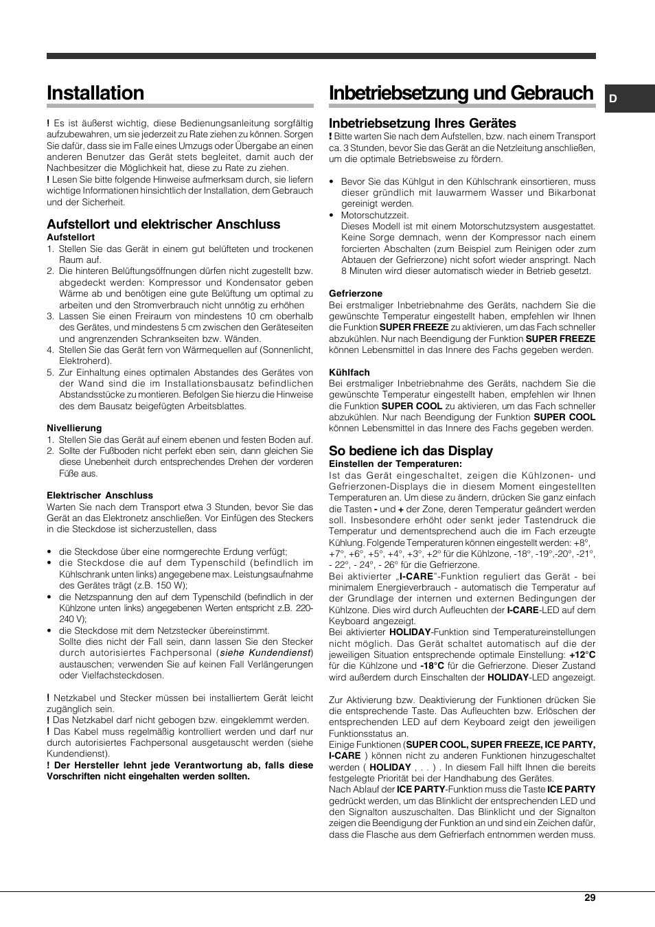 Installation, Inbetriebsetzung und gebrauch, Aufstellort und elektrischer anschluss | Inbetriebsetzung ihres gerätes, So bediene ich das display | Hotpoint Ariston Combinato EBQH 20223 F User Manual | Page 29 / 52
