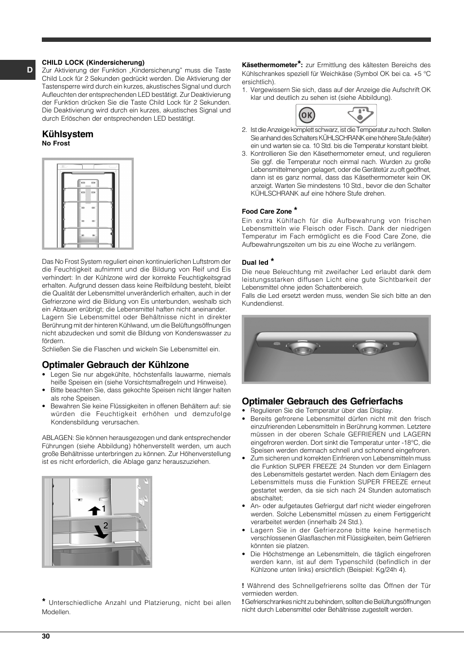 Kühlsystem, Optimaler gebrauch der kühlzone, Optimaler gebrauch des gefrierfachs | Hotpoint Ariston Combinato EBQH 20223 F User Manual | Page 30 / 52