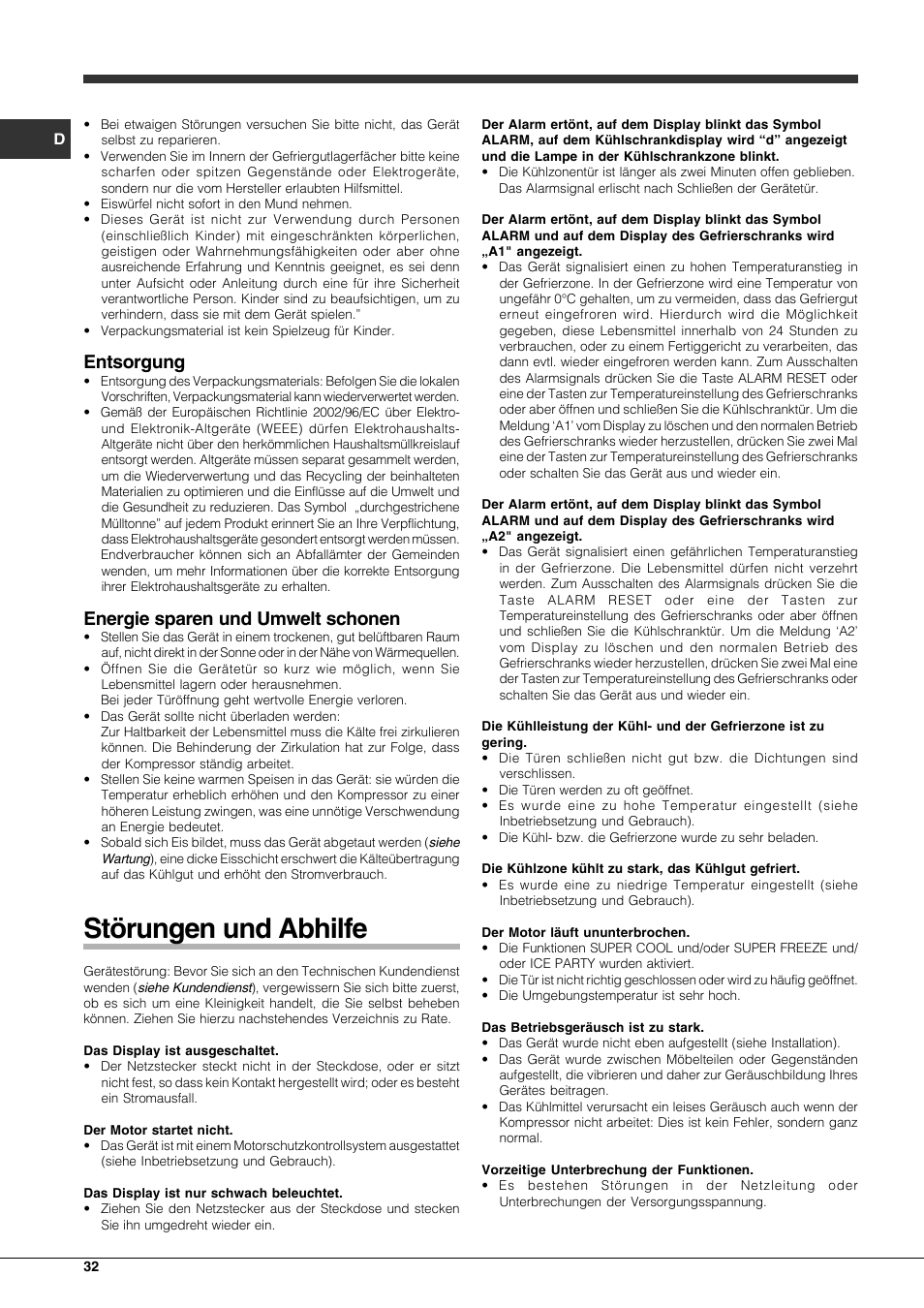 Störungen und abhilfe, Entsorgung, Energie sparen und umwelt schonen | Hotpoint Ariston Combinato EBQH 20223 F User Manual | Page 32 / 52