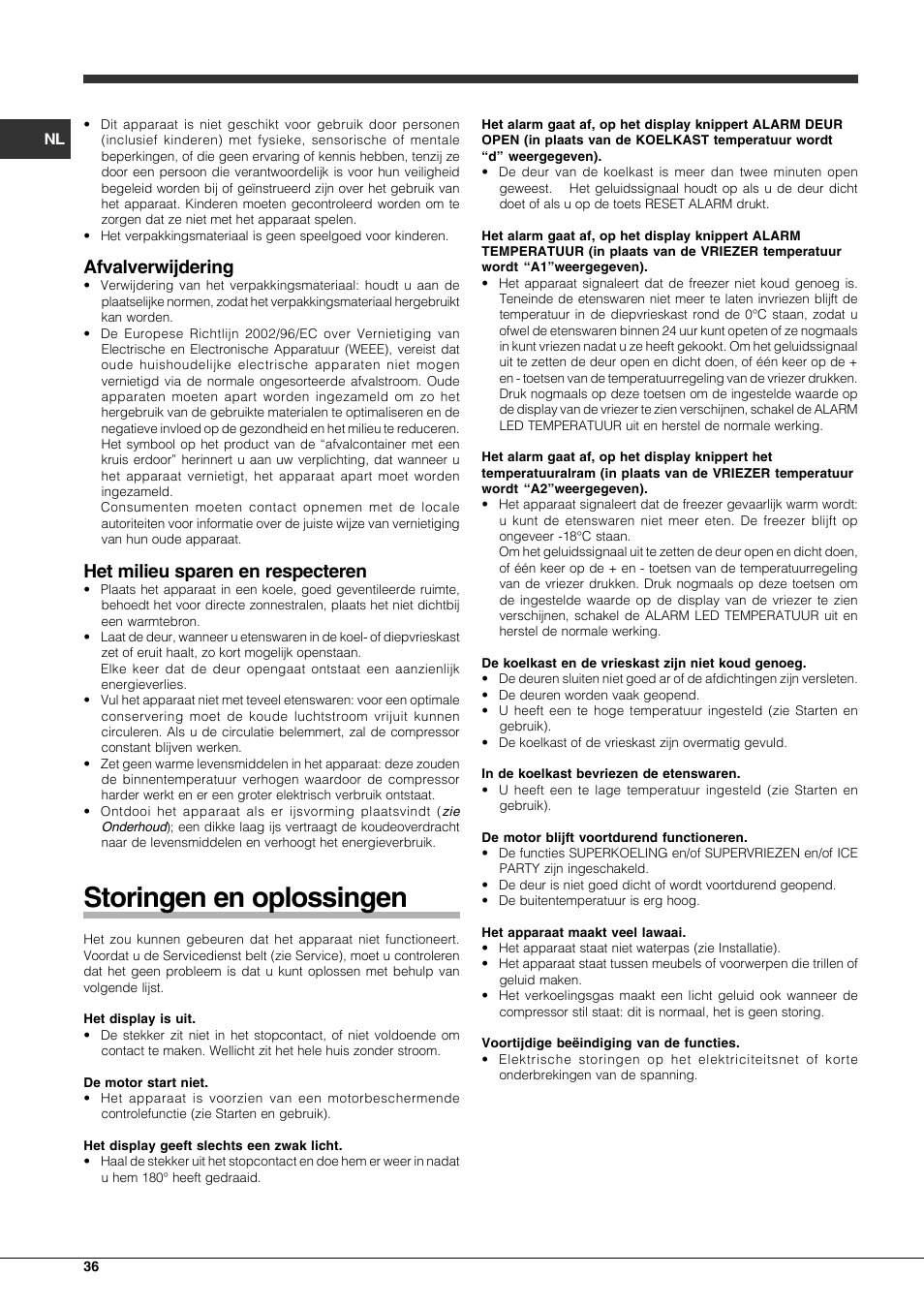 Storingen en oplossingen, Afvalverwijdering, Het milieu sparen en respecteren | Hotpoint Ariston Combinato EBQH 20223 F User Manual | Page 36 / 52