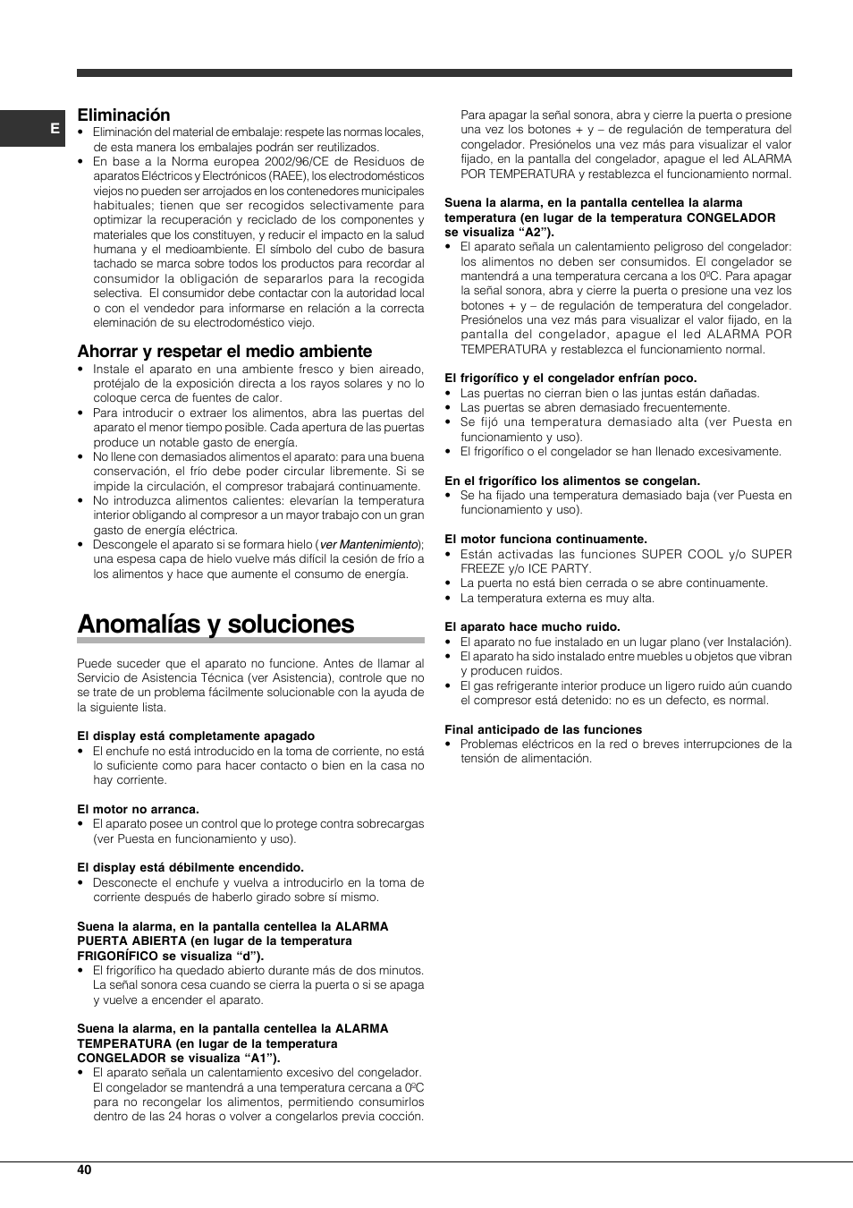 Anomalías y soluciones, Eliminación, Ahorrar y respetar el medio ambiente | Hotpoint Ariston Combinato EBQH 20223 F User Manual | Page 40 / 52