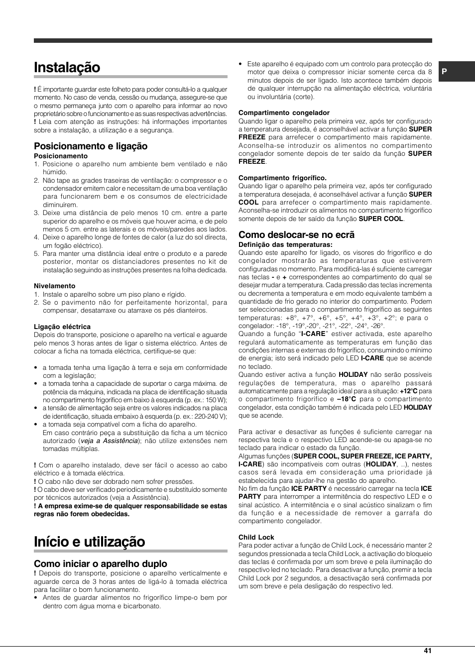 Instalação, Início e utilização, Posicionamento e ligação | Como iniciar o aparelho duplo, Como deslocar-se no ecrã | Hotpoint Ariston Combinato EBQH 20223 F User Manual | Page 41 / 52