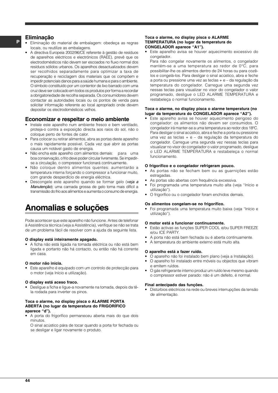 Anomalias e soluções, Eliminação, Economizar e respeitar o meio ambiente | Hotpoint Ariston Combinato EBQH 20223 F User Manual | Page 44 / 52