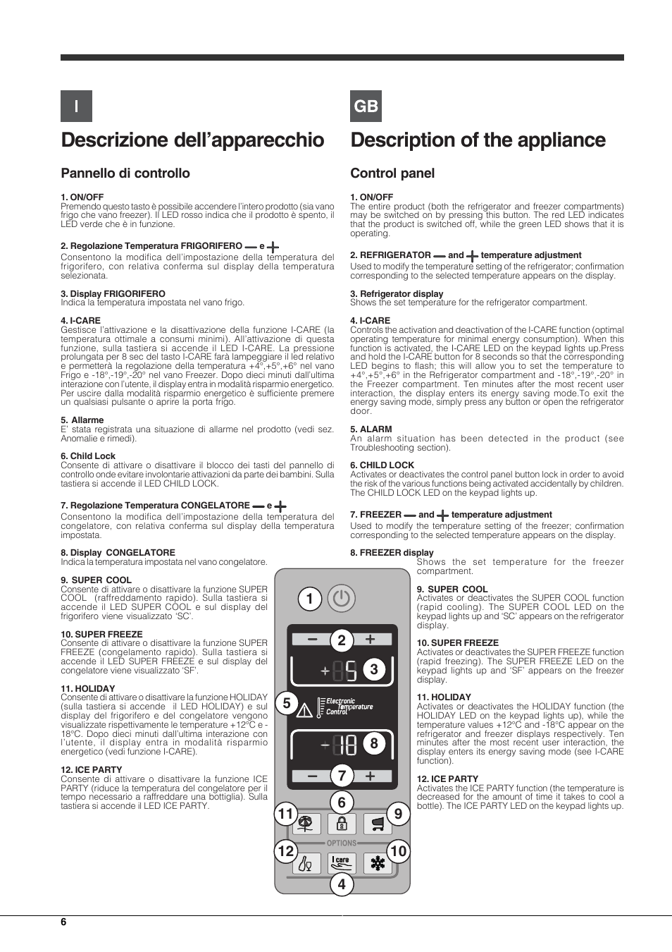 Descrizione dell’apparecchio, Description of the appliance, Pannello di controllo | Control panel | Hotpoint Ariston Combinato EBQH 20223 F User Manual | Page 6 / 52
