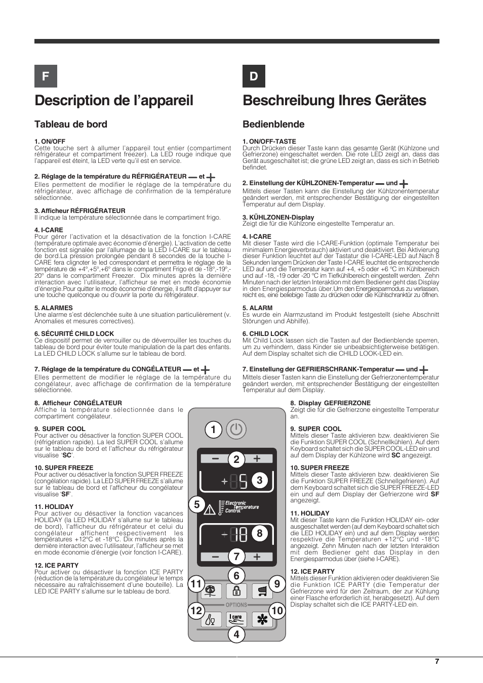 Description de l’appareil, Beschreibung ihres gerätes, Tableau de bord | Bedienblende | Hotpoint Ariston Combinato EBQH 20223 F User Manual | Page 7 / 52