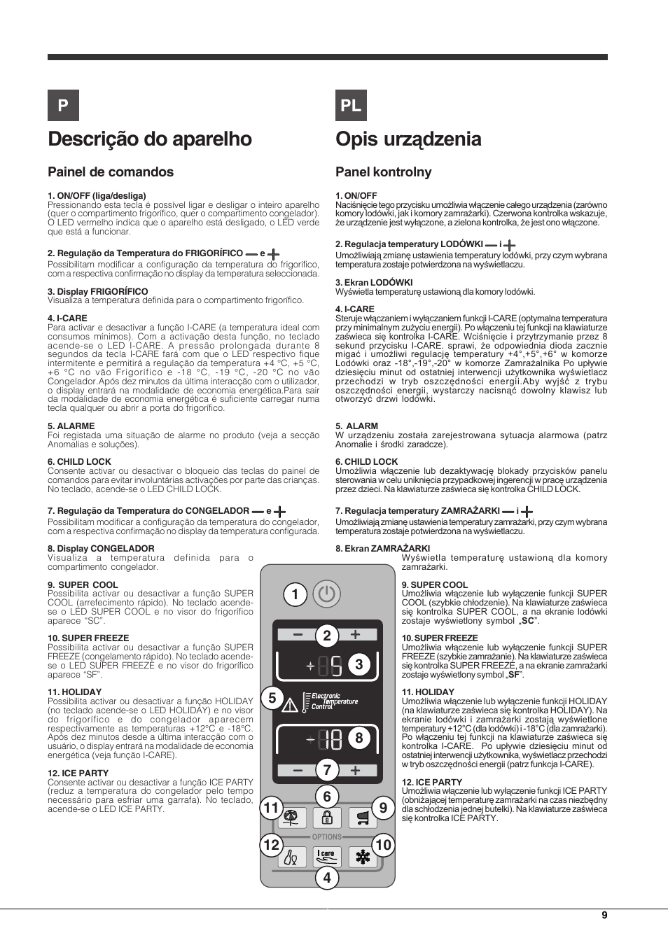 Descrição do aparelho, Painel de comandos | Hotpoint Ariston Combinato EBQH 20223 F User Manual | Page 9 / 52