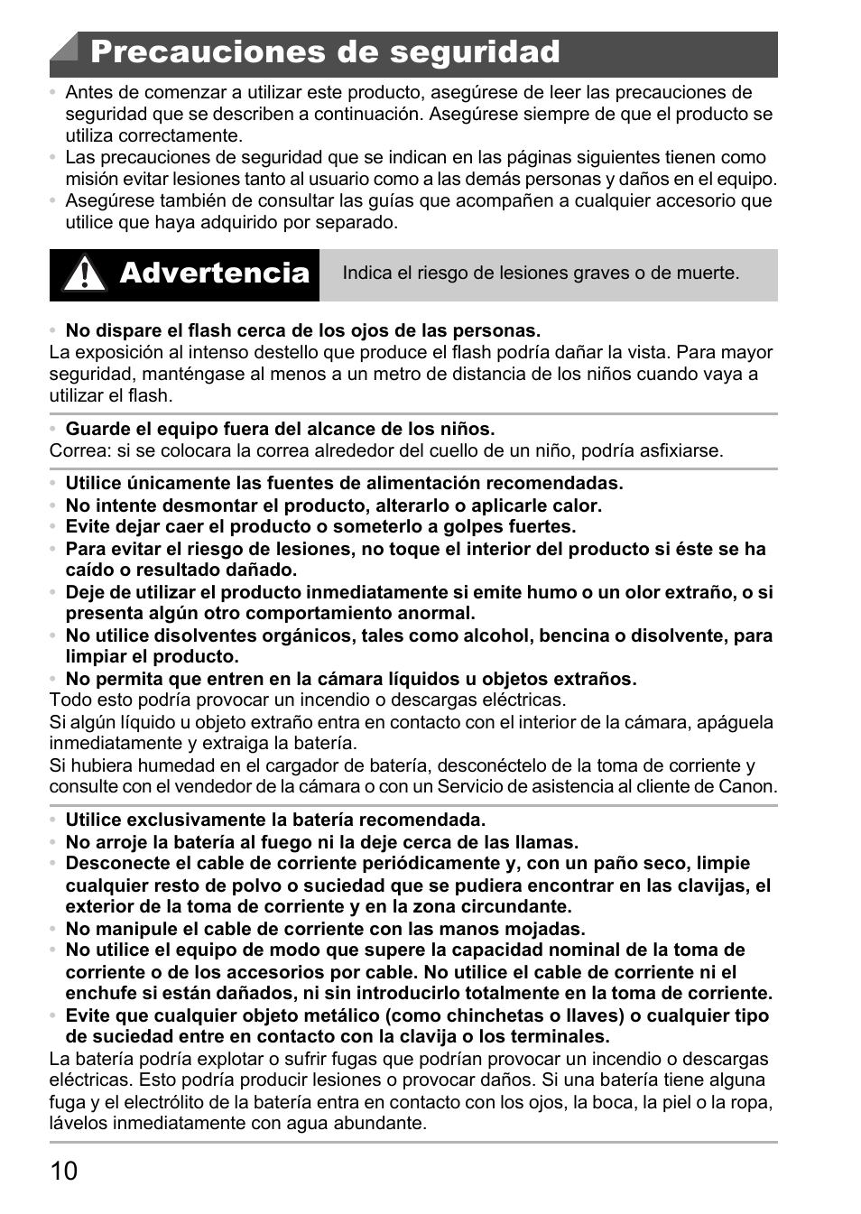 Precauciones de seguridad, Advertencia | Canon PowerShot D20 User Manual | Page 10 / 221