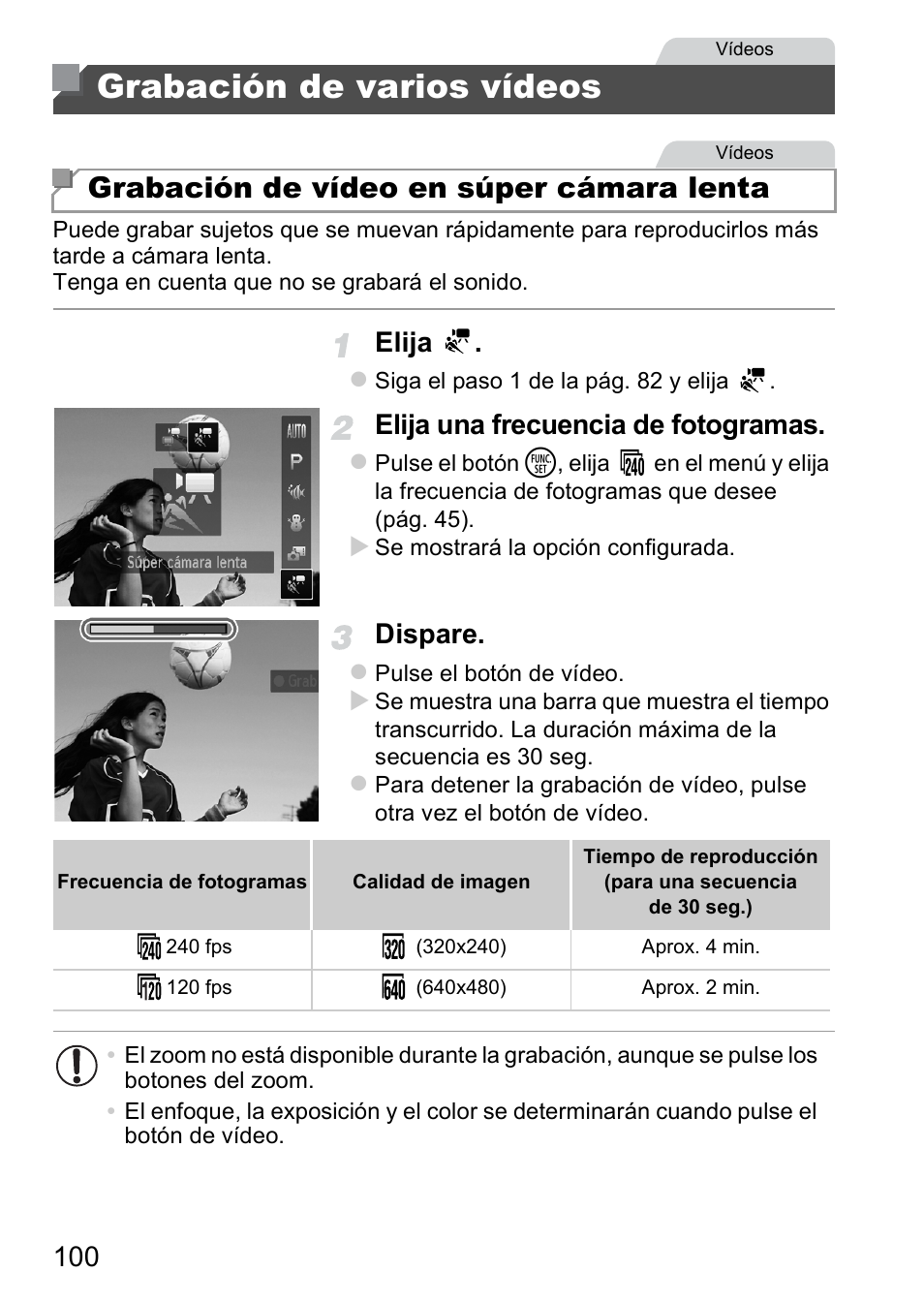 Grabación de varios vídeos, Grabación de vídeo en súper cámara lenta, Elija | Elija una frecuencia de fotogramas, Dispare | Canon PowerShot D20 User Manual | Page 100 / 221