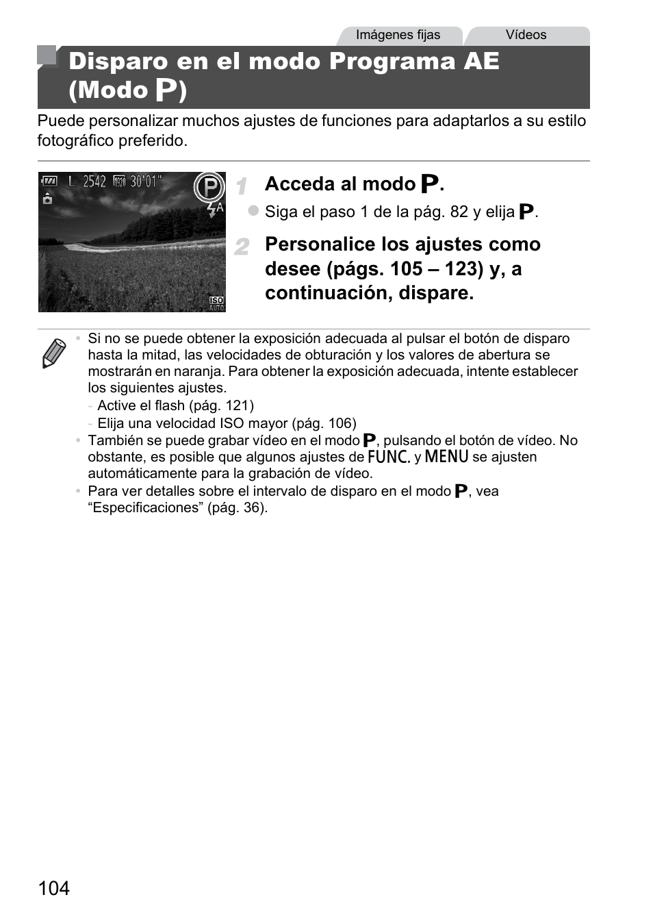 Disparo en el modo programa ae (modo p), Disparo en el modo programa ae, Modo | Disparo en el modo programa ae (modo g ), Acceda al modo g | Canon PowerShot D20 User Manual | Page 104 / 221