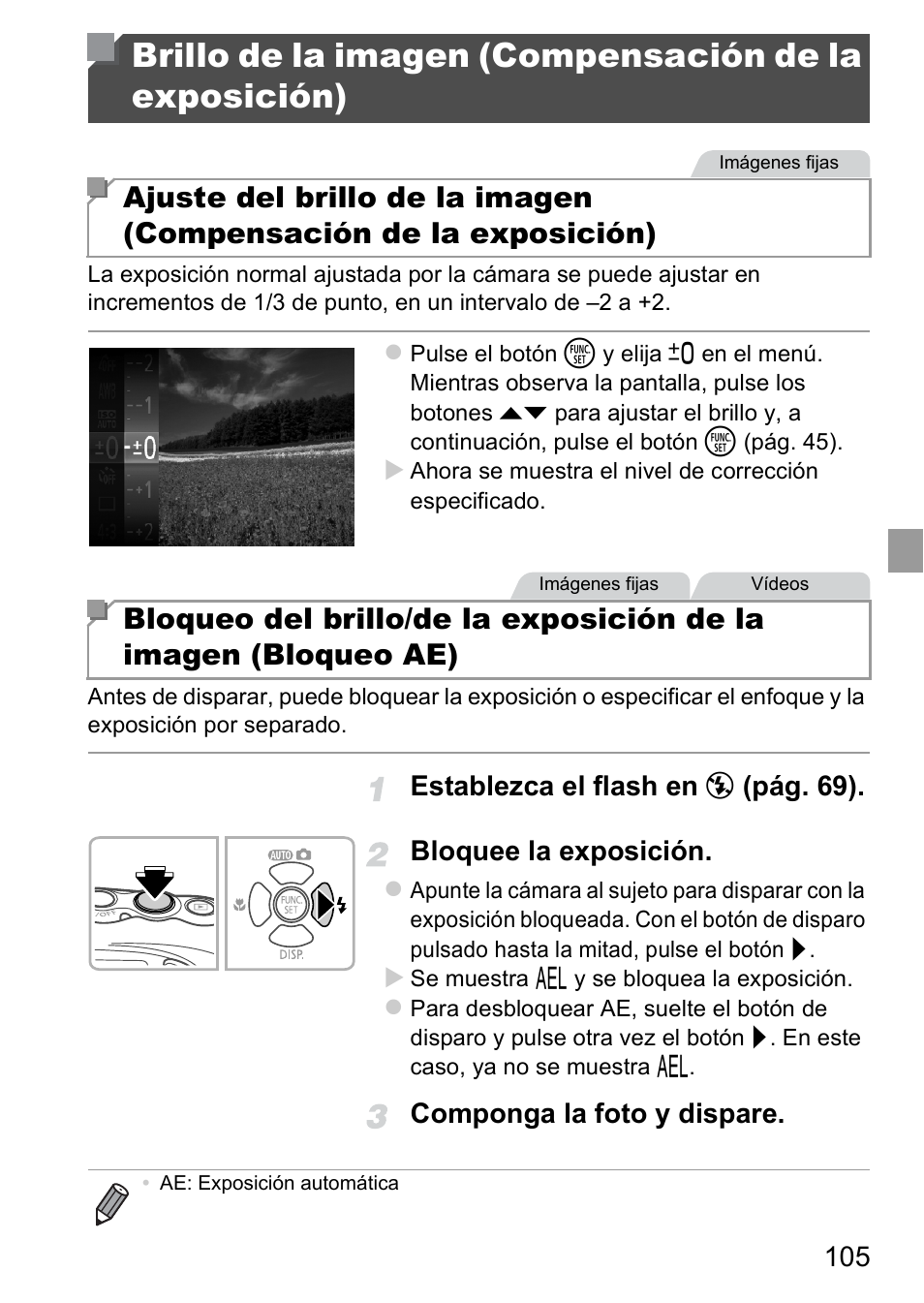 Brillo de la imagen (compensación, De la exposición), E (págs. 105 | Componga la foto y dispare | Canon PowerShot D20 User Manual | Page 105 / 221