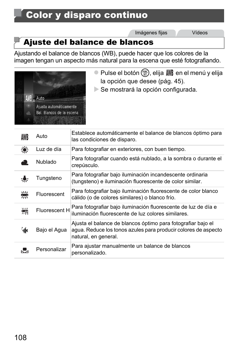 Color y disparo continuo, Ajuste del balance de blancos | Canon PowerShot D20 User Manual | Page 108 / 221
